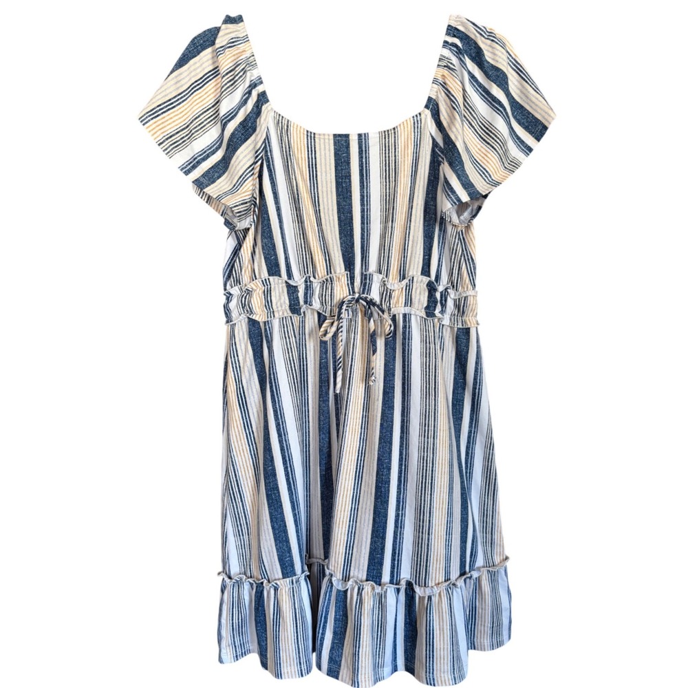 Three Pink Hearts Striped Mini Dress XL Blue Gold Flutter Sleeve Ruffle Hem